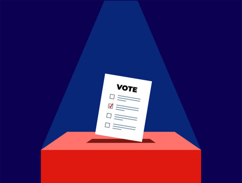 Puts voting ballot in ballot box. Voting and election concept. Vector illustration.