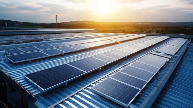 Top view Solar Cell on Warehouse Factory. Solor photo voltaic panels system power or Solar Cell on industrial building roof for producing green ecological electricity. Production of renewable energy.