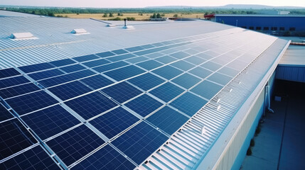 Top view Solar Cell on Warehouse Factory. Solor photo voltaic panels system power or Solar Cell on industrial building roof for producing green ecological electricity. Production of renewable energy. - obrazy, fototapety, plakaty