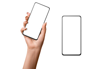 A woman's hand holds a phone with a blank screen. on isolated transparent background