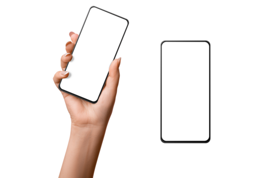 A woman's hand holds a phone with a blank screen. on isolated transparent background