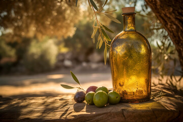 Bottle of extra virgin olive oil, with green olives in the olive grove. Generative AI.