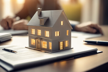 a concept 3d render model of a small living house on a table in a real estate agency. estate agent and the buyer clients signing mortgage contract document on the blurry background. Generative AI