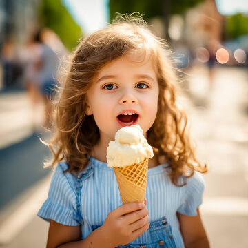 a beautiful cute young american baby kid child girl model woman holding and eating a gelato ice cream in a cone outside in a city on a sunny summer day. blurred background. Generative AI 