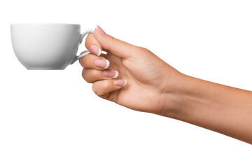 A woman's hand holds a white cup. on isolated transparent background - Powered by Adobe