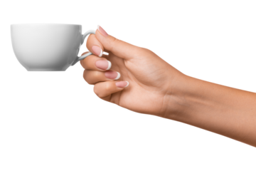 A woman's hand holds a white cup. on isolated transparent background