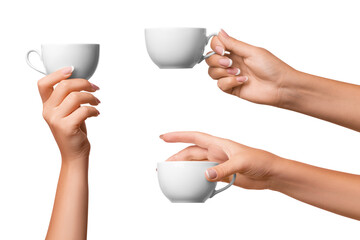 A woman's hand holds a white cup. Three options. on isolated transparent background - Powered by Adobe