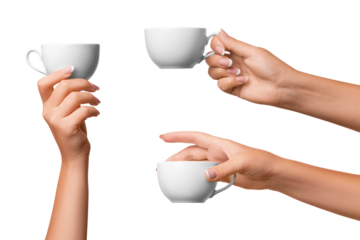 A woman's hand holds a white cup. Three options. on isolated transparent background