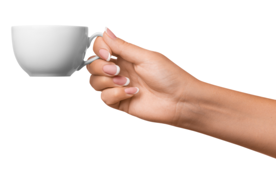 A woman's hand holds a white cup. on isolated transparent background