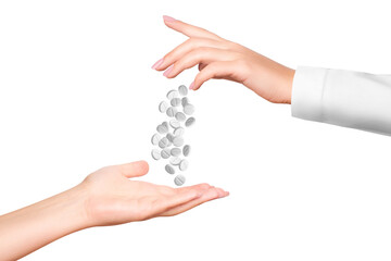 A woman's hand in a white medical coat pours white pills. on isolated transparent background