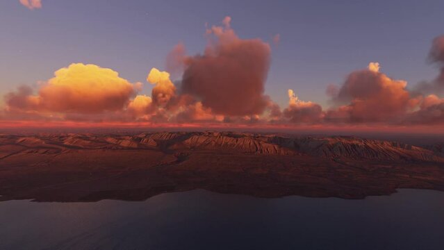Side aerial view at sunset of Lake Tekapo on the South Island in New Zealand