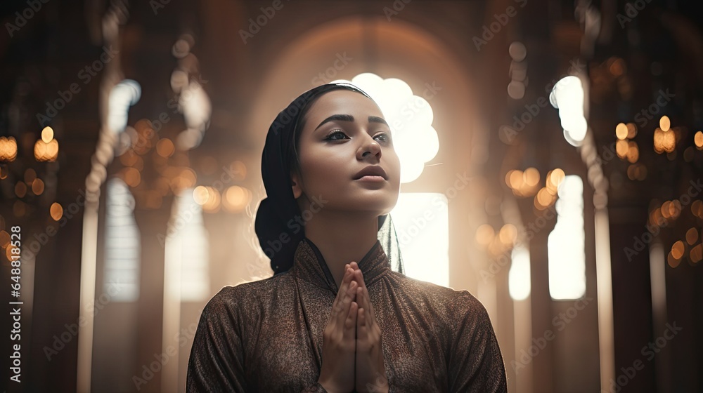 Wall mural young muslim woman praying ,Young muslim woman praying in mosque