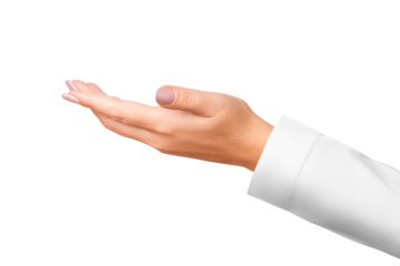 A woman's hand in a white medical coat. on isolated transparent background