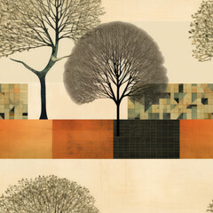 Forest nature collage repeat pattern, beautiful trees