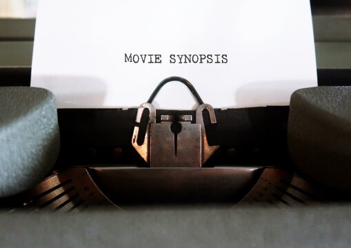 Vintage typewriter with text typed MOVIE SYNOPSIS, summary of film storyline, brief summary of a completed core concept and essential marketing tool to sell a screenplay