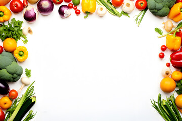 Variety top view of fresh organic vegetables on white background with copy space, Healthy food concept, Generative AI