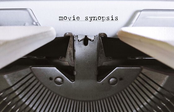 Vintage typewriter with text typed MOVIE SYNOPSIS, summarizes the film storyline,  brief summary of a completed core concept and essential marketing tool to sell a screenplay