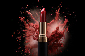 Red lipstick with explosion of red powder, commercial, AI generated - obrazy, fototapety, plakaty