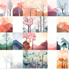 Forest nature collage repeat pattern, beautiful trees