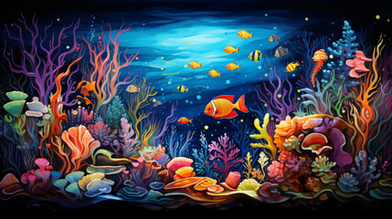 A beautiful illustration under the sea with  colorful fishes