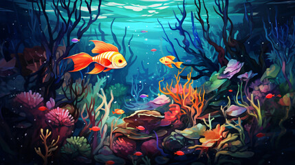 A beautiful illustration under the sea with  colorful fishes