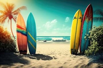 Surfboard on tropical beach, colorful, summer, AI generated