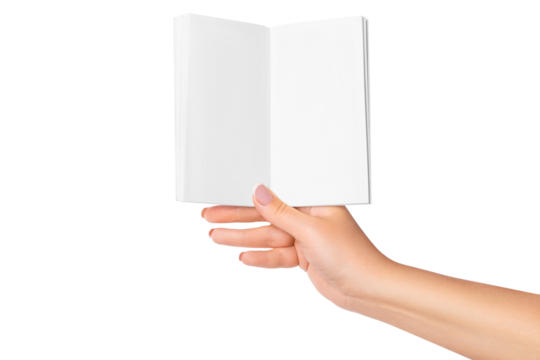 A woman's hand holds a notepad. on isolated transparent background