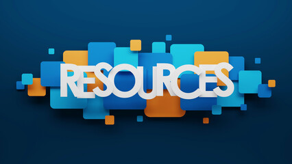3D render of RESOURCES banner with blue and orange squares no dark blue background - 648821525