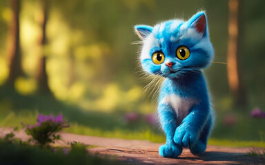 realistic picture of little blue smurf-cat side walking in the forest