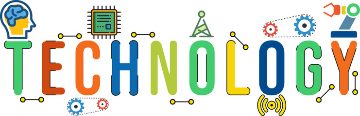 Illustration of the word "technology" one of (science, technology, engineering, and mathematics) education concept font design with ornamental icon elements © parinnata