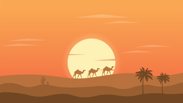 desert sunset with sand dunes date trees camels and cactus plant 4K wallpaper for computer