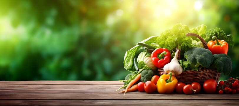 Basket of variety fresh organic vegetables on wooden floor with blur green nature background and copy space, Healthy food concept, Generative AI