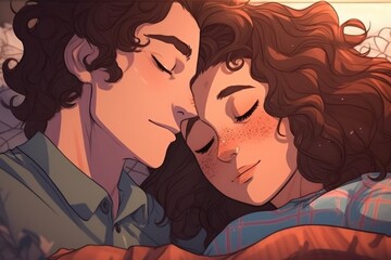 Portrait of a couple man and woman laying on bed, Manga, cartoon drawing, lofi, AI generated