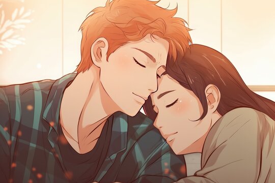 Portrait of a couple man and woman laying on bed, Manga, cartoon drawing, lofi, AI generated