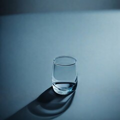 A lone wine glass, half full, sits on a dark blue surface in front of a lighter blue background. The glass reflects a darker shade on the surface and casts a long shadow.