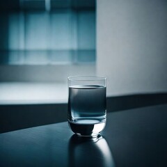 Transparent glass of water stands on a gray table.