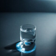 A glass of water sits on a dark surface. The glass is filled with water and reflects a blue light. The background is a gradient of blue and black.