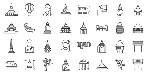 Myanmar icons set outline vector. Landmark map. Temple culture