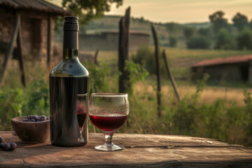 Bottle and glass of red wine, on a wooden table, with the rural countryside in the background. Generative AI.