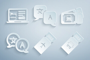 Set Airline ticket, Train, Translator, Bus, and Online hotel booking icon. Vector
