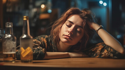 Alcohol addicted woman sleeping at the table - obrazy, fototapety, plakaty