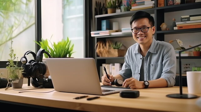 Asian school male teacher working from home teaching online.