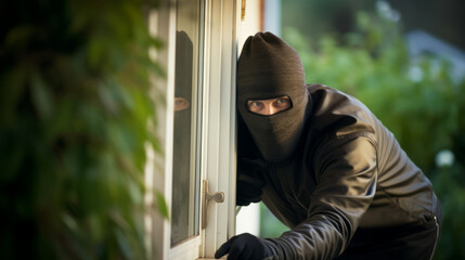 A criminal robber trying to break into a home - obrazy, fototapety, plakaty
