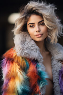 Beautiful young woman wearing a colorful fluffy fur coat