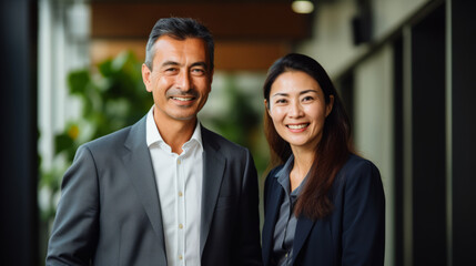 Portrait of two happy confident professional mature latin business man and asian business woman corporate leaders managers standing in office, diverse colleagues team posing together - obrazy, fototapety, plakaty