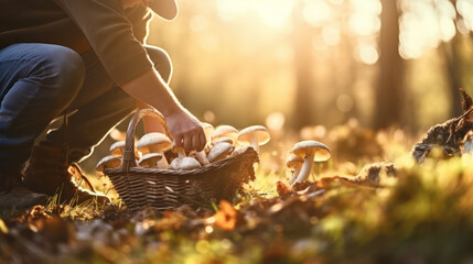 People picking up mushrooms in the wood with a basket , man harvesting wild mushroom in autumn