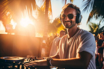 Portrait of of DJ at beach party during tropical holidays