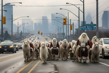 photo of Santa's reindeer lined up in front of a city crosswalk, waiting for the green light as if they were commuters in a hurry. - obrazy, fototapety, plakaty