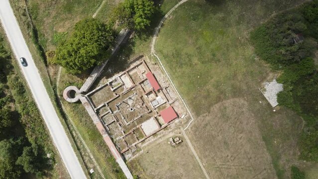 Aerial view of ruins of ancient Roman city Nicopolis ad Nestum near town of Garmen, Blagoevgrad Region, Bulgaria