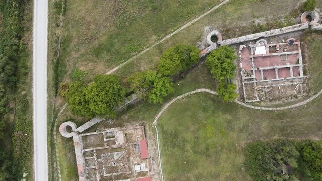 Aerial view of ruins of ancient Roman city Nicopolis ad Nestum near town of Garmen, Blagoevgrad Region, Bulgaria